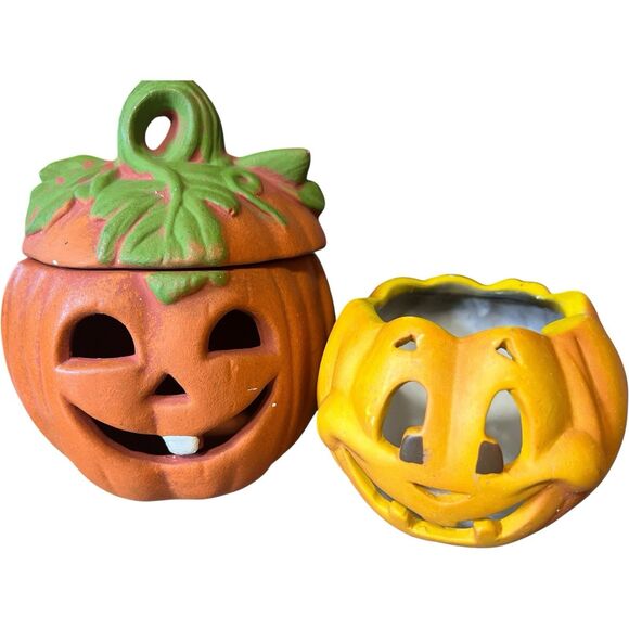 Vtg Terra Cotta Jack o Lantern Tea Light Holder Halloween Decor - Picture 9 of 9
